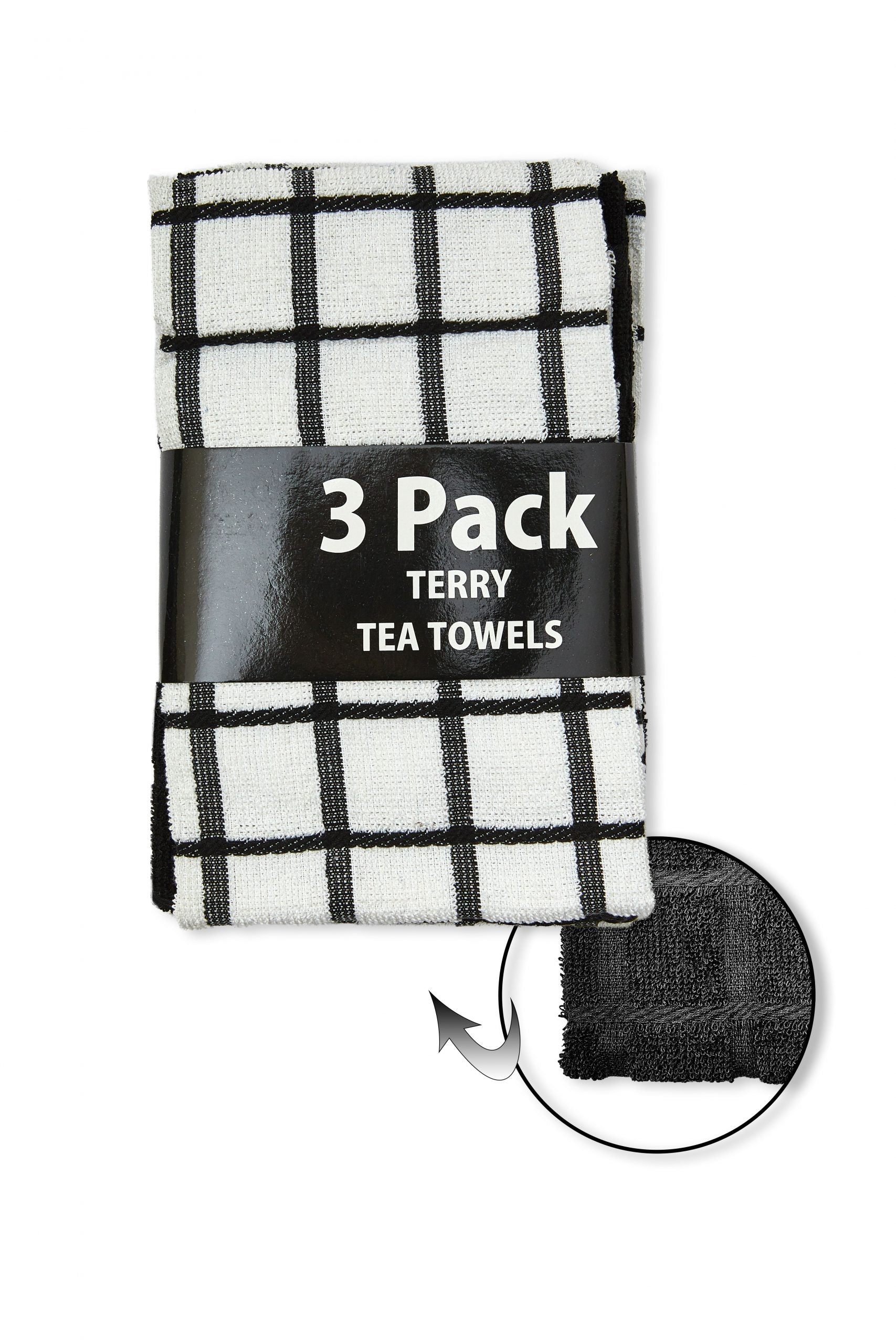 Check Terry Kitchen Tea Towels | 3 Pack Black / White