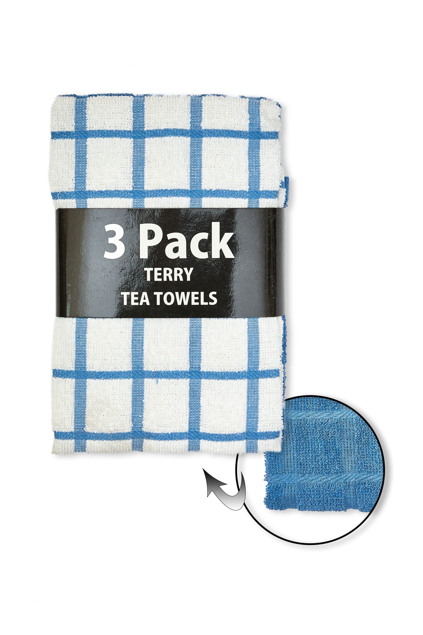 Check Terry Kitchen Tea Towels | 3 Pack Blue / White