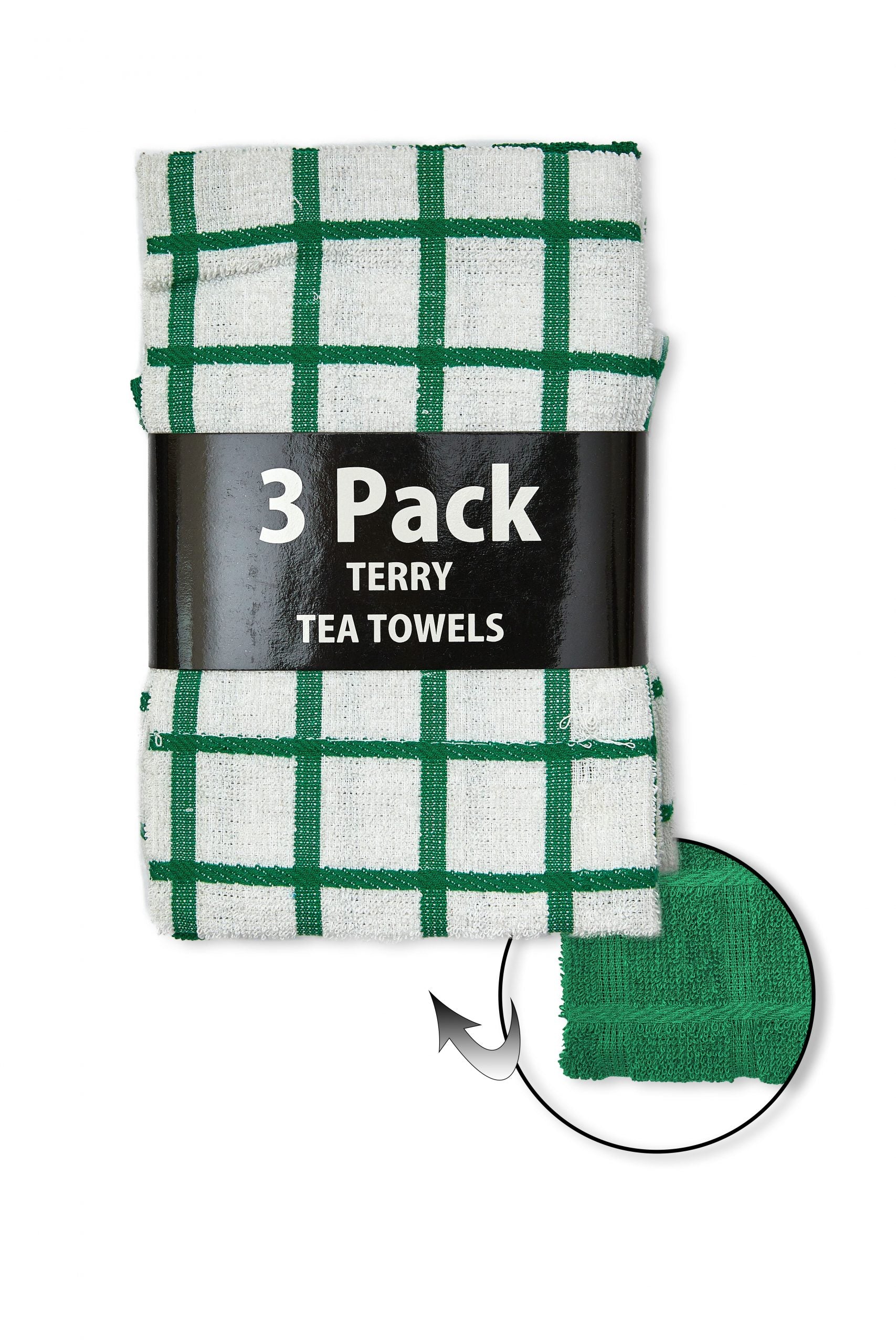 Check Terry Kitchen Tea Towels | 3 Pack Green / White