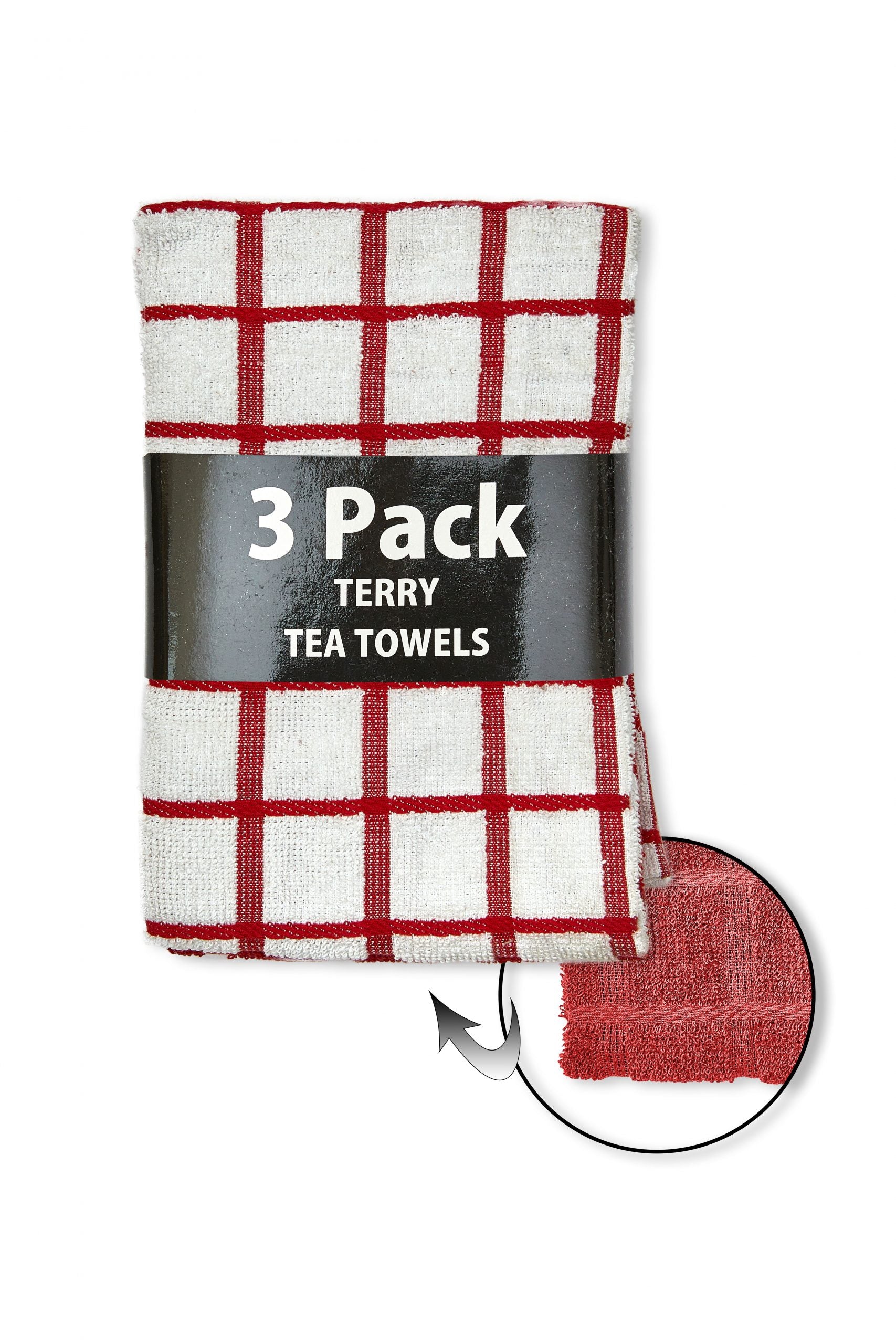 Check Terry Kitchen Tea Towels | 3 Pack Red / White