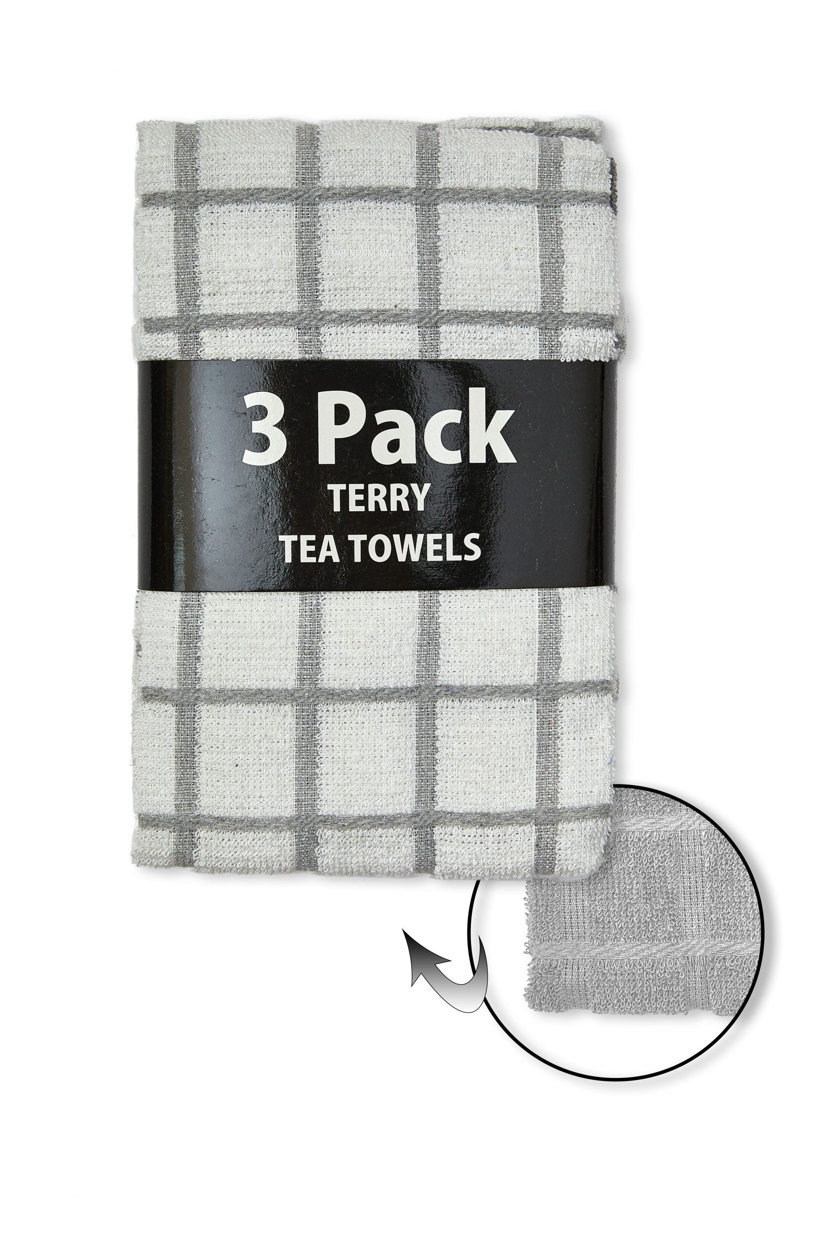 Check Terry Kitchen Tea Towels | 3 Pack Grey / White