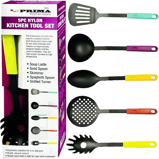 Prima 5‑Piece Nylon Kitchen Tool Set – Heat‑Resistant, Non‑Scratch Utensils with Ergonomic Colour Handles | Kumperi