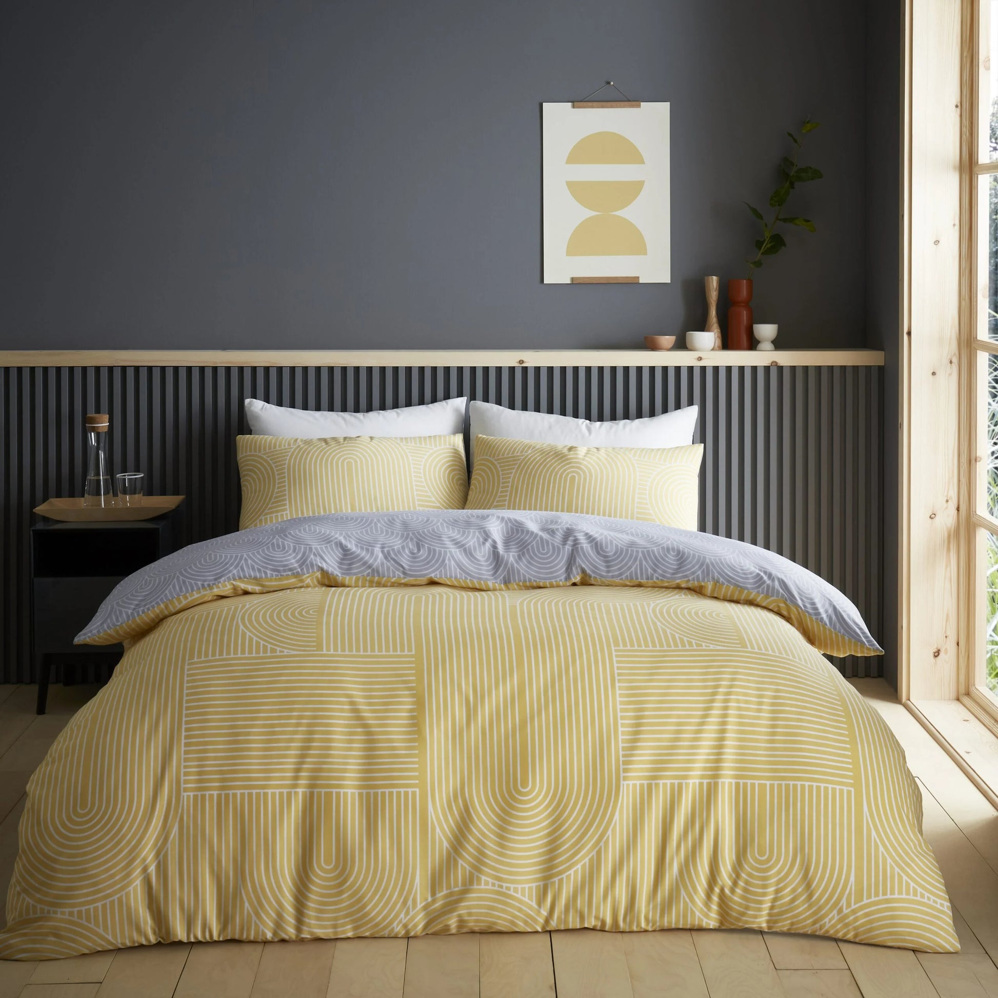 Gaveno Cavailia Arches King Duvet Cover Set | Ochre Yellow / Grey Geometric | Kumperi