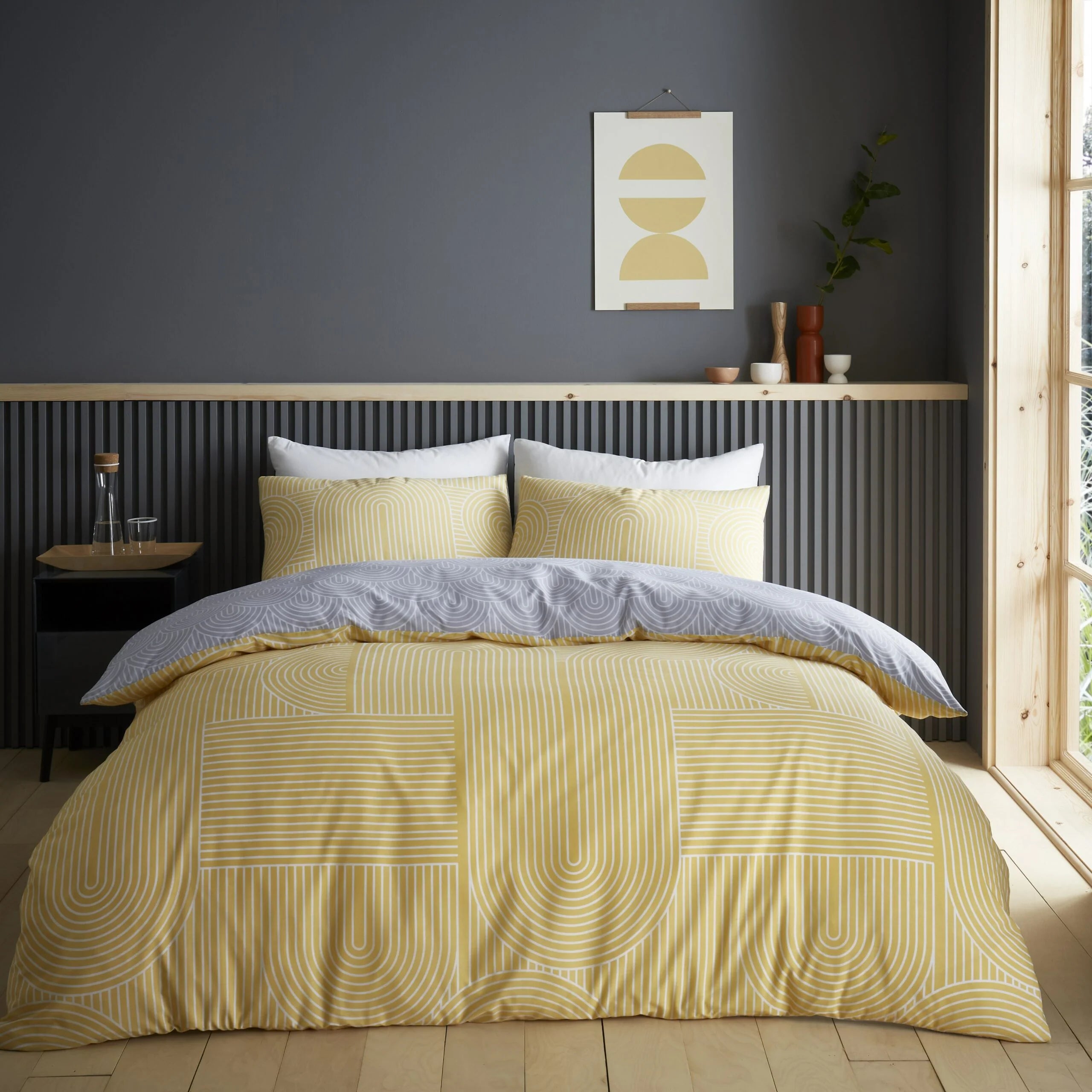 Gaveno Cavailia Arches King Duvet Cover Set | Ochre Yellow / Grey Geometric | Kumperi