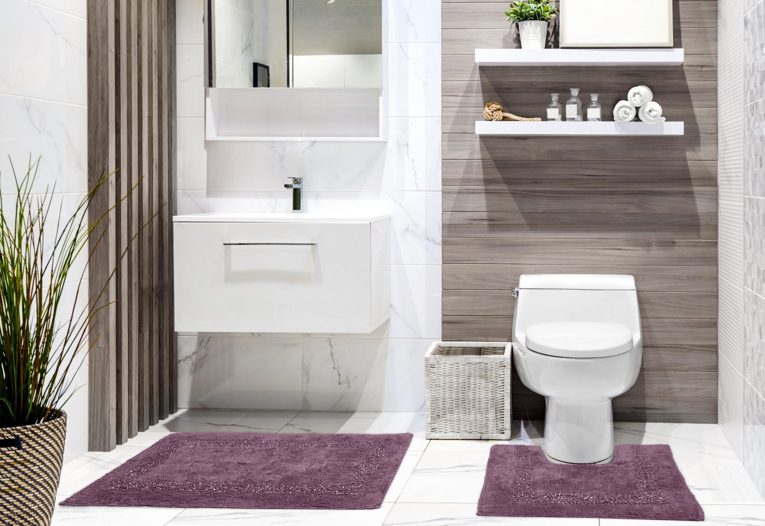 Brillare Bath Mat and Pedestal Set Aubergine | Kumperi | 2 Piece | 100% Cotton 