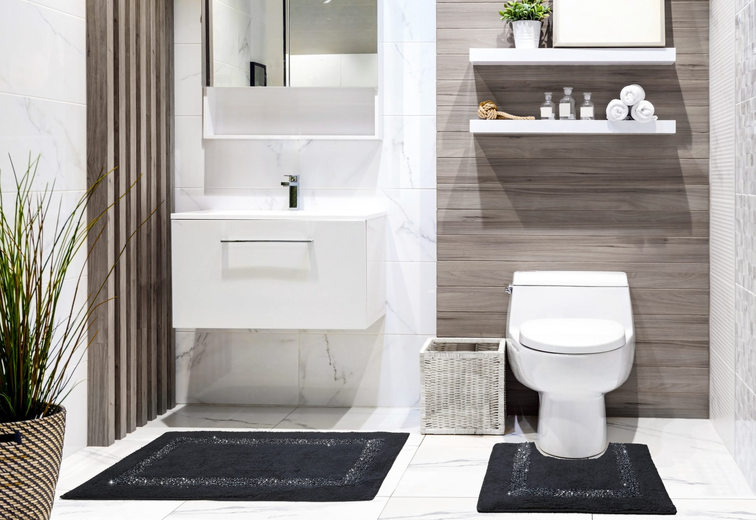 Brillare Bath Mat and Pedestal Set Black | Kumperi | 2 Piece | 100% Cotton 