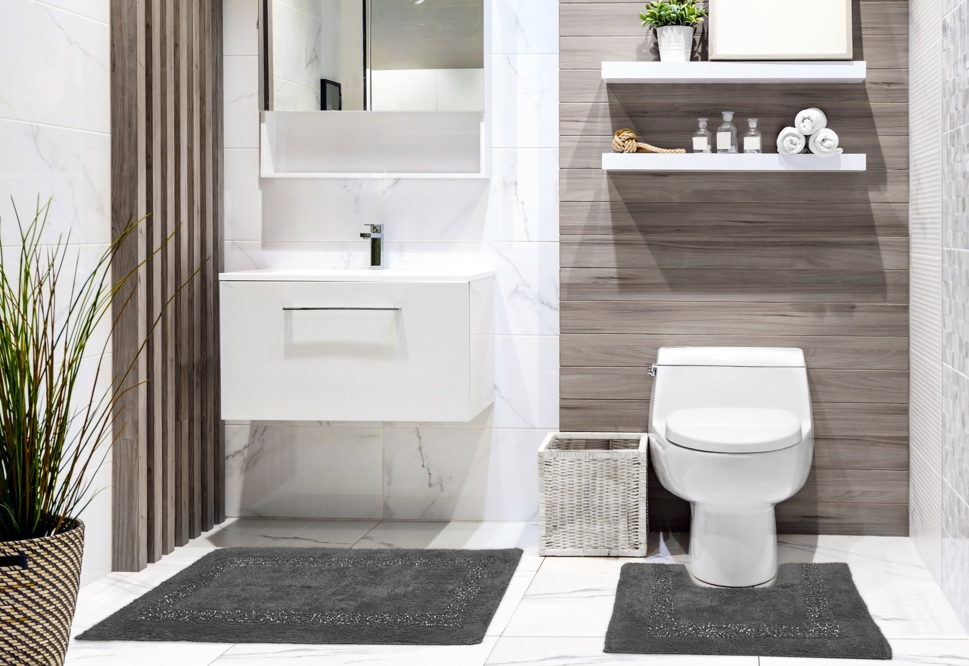 Brillare Bath Mat and Pedestal Set Charcoal | Kumperi | 2 Piece | 100% Cotton 