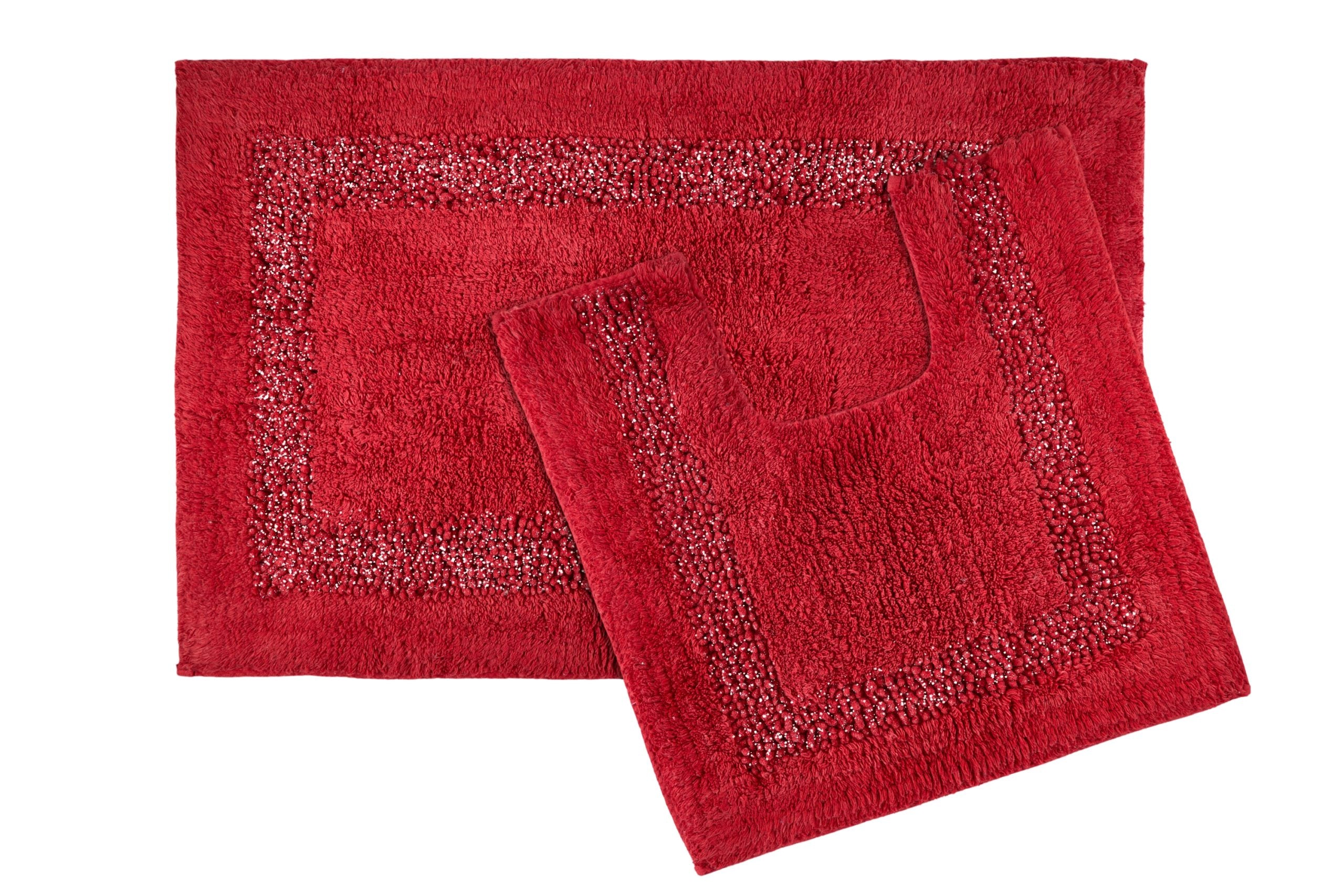 Brillare Sparkle Trim Bath Mat and Pedestal Set Red | Kumperi | 2 Piece | 98% Cotton 