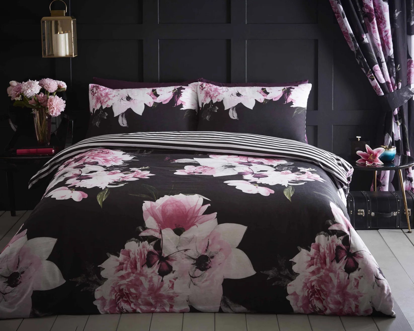 Celestial Floral King Complete Bed Set | Black Pink | Fitted Sheet Included | Kumperi
