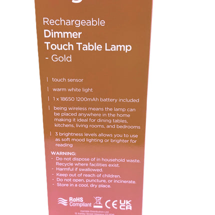 Kingavon Rechargeable Dimmer Touch Table Lamp - Gold | 3 Brightness Levels