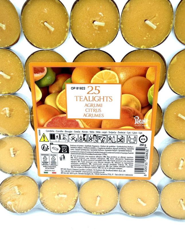 25 Petali Citrus Tealights Pack - Scented Tea Light Candles | Fresh Orange Citrus - Kumperi