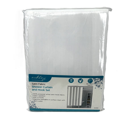 Ashley Housewares White Satin Shower Curtain Set | 180x180cm | 12 Hooks | Kumperi