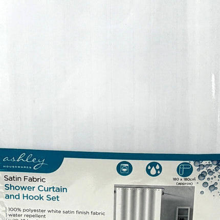 Ashley Housewares White Satin Shower Curtain Set | 180x180cm | 12 Hooks | Kumperi