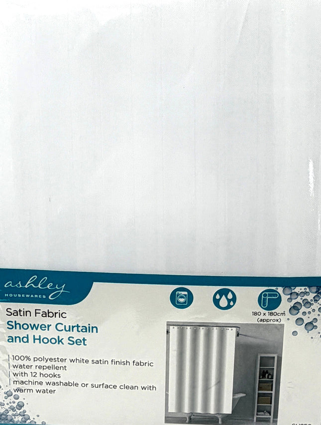 Ashley Housewares White Satin Shower Curtain Set | 180x180cm | 12 Hooks | Kumperi