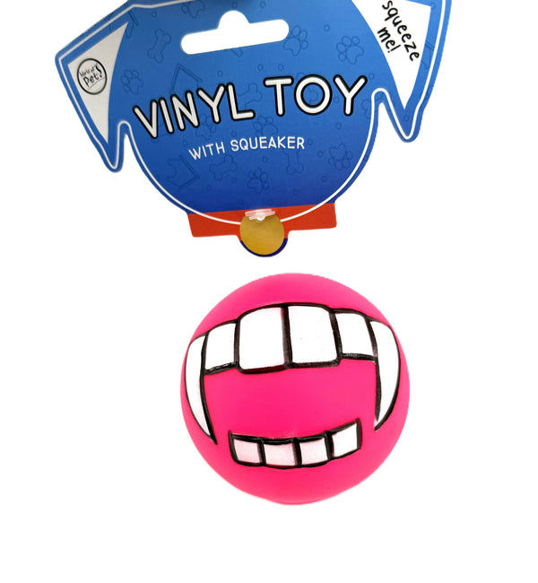 Vinyl Toy Pink with Squeaker 7.5cm Diameter Funny Teeth Design Interactive Dog Toy | Kumperi