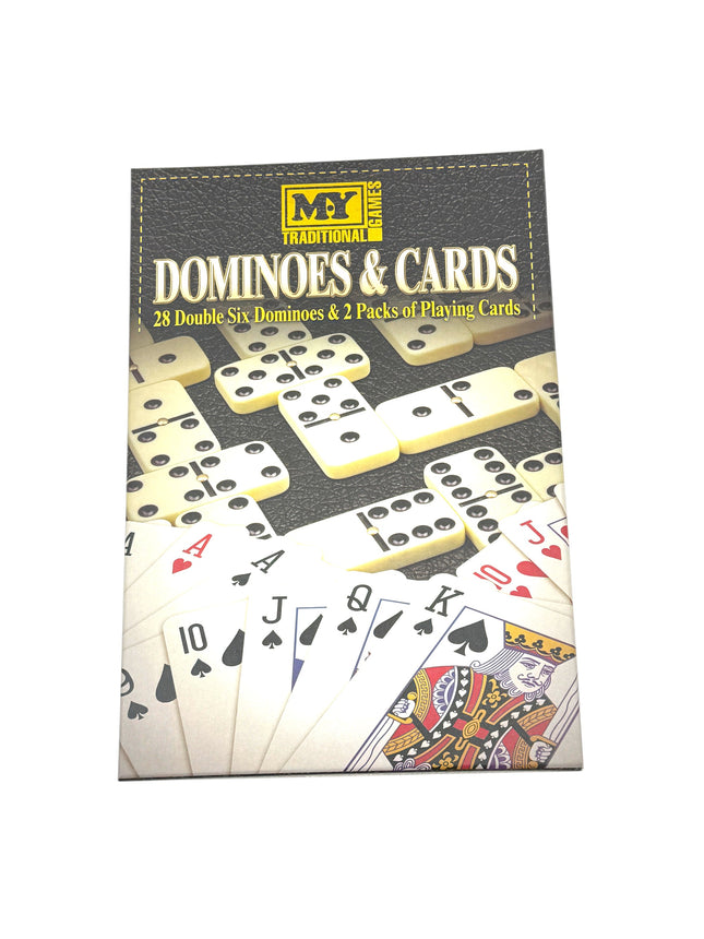 MY Traditional Games Dominoes & Cards Set 28 Double Six Dominoes 2 Packs Playing Cards Complete Game Collection | Kumperi