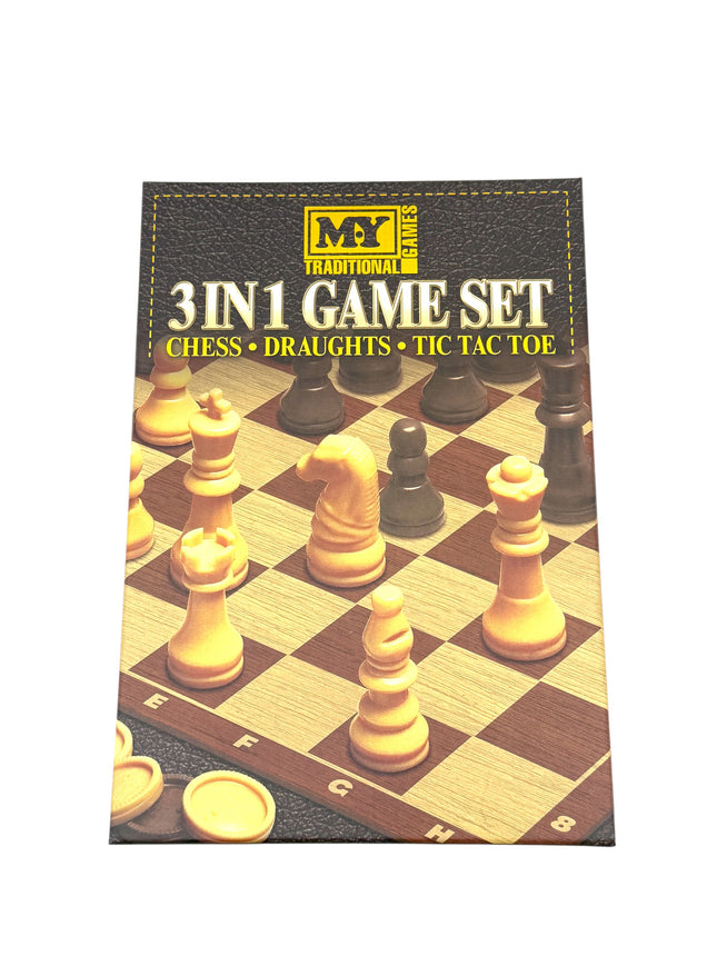 MY Traditional Games 3 in 1 Game Set Chess Draughts Tic Tac Toe 32 Chess Pieces 24 Draughts Double Sided Board | Kumperi
