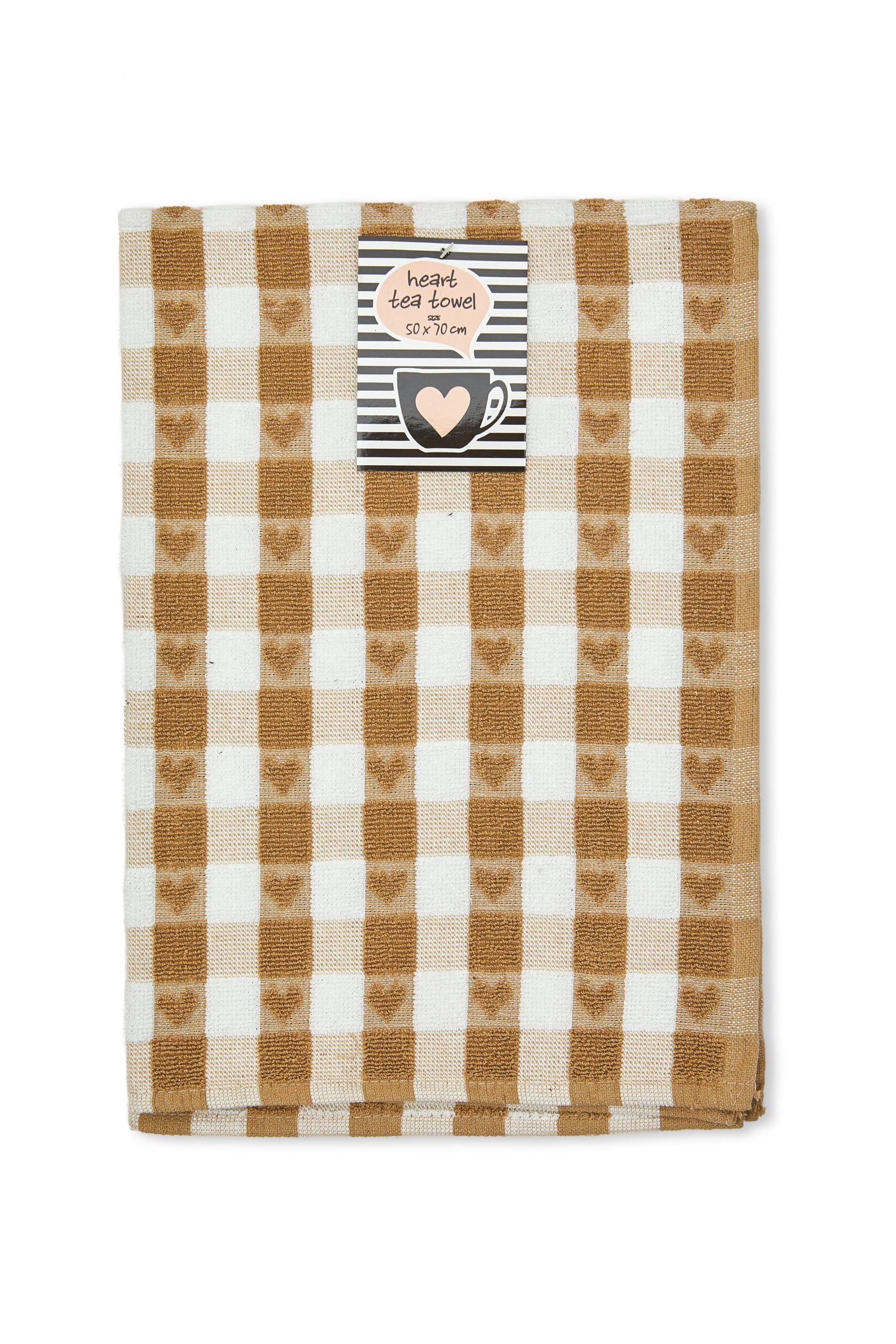 Hearts Gingham Terry Tea Towel 50x70cm Beige