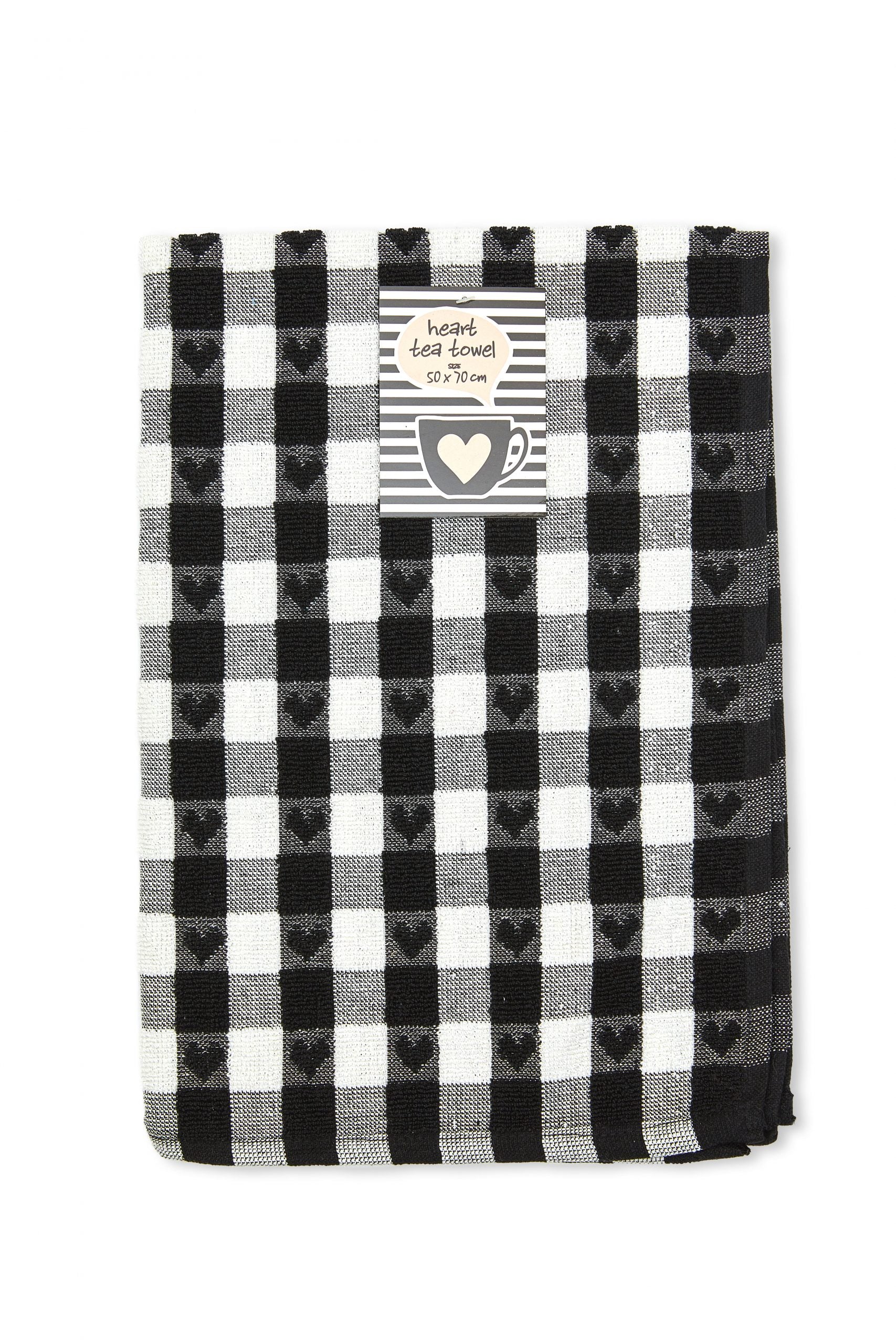 Hearts Gingham Terry Tea Towel 50x70cm Black