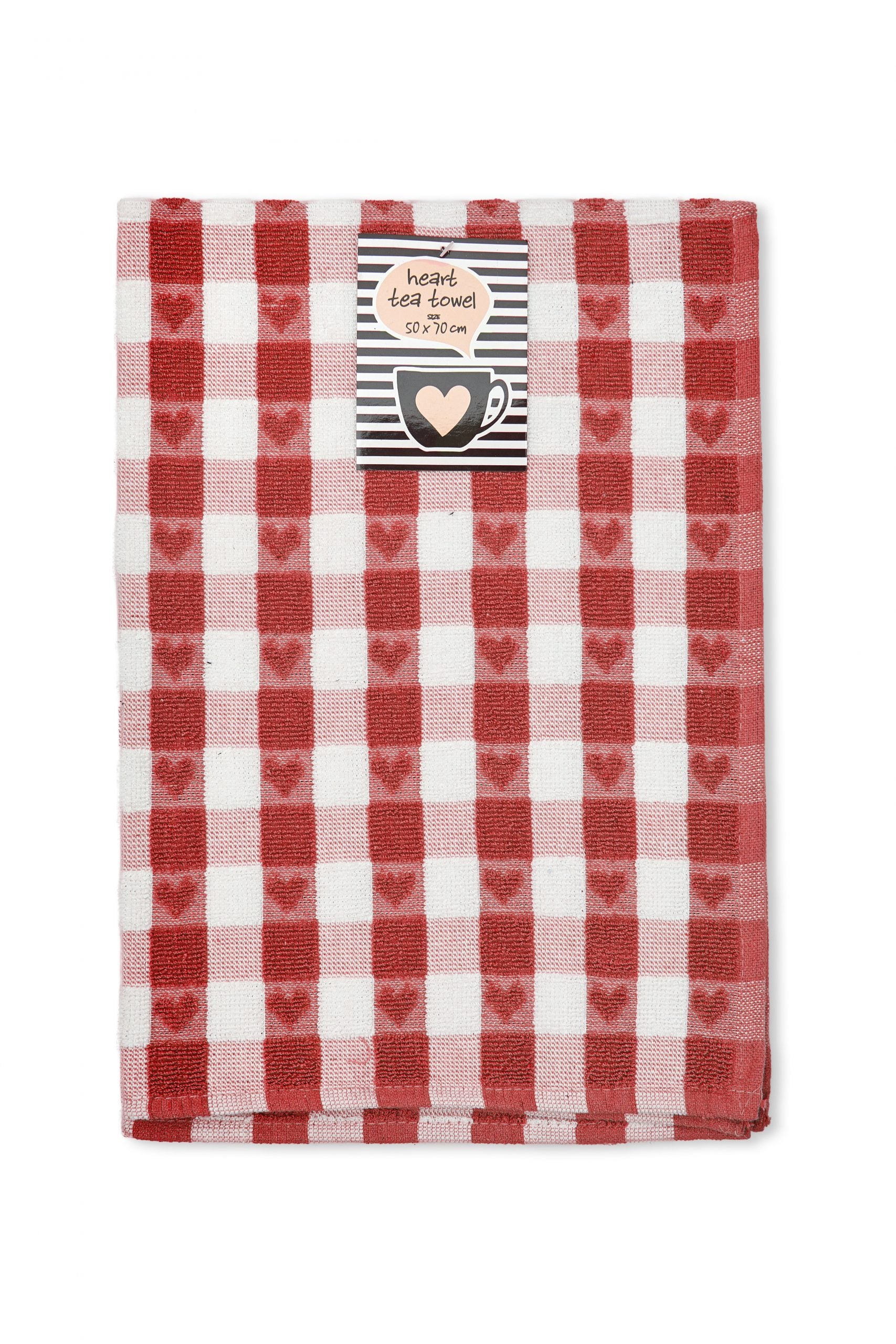 Hearts Gingham Terry Tea Towel 50x70cm Red