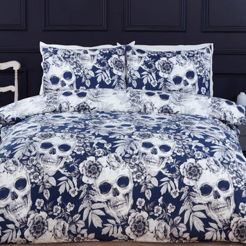 Rapport Gothic Skulls King Duvet Cover Set | Navy Floral | Kumperi