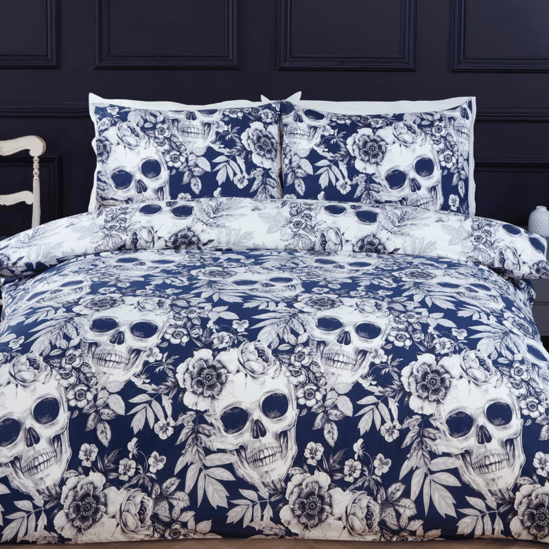 Rapport Gothic Skulls King Duvet Cover Set | Navy Floral | Kumperi