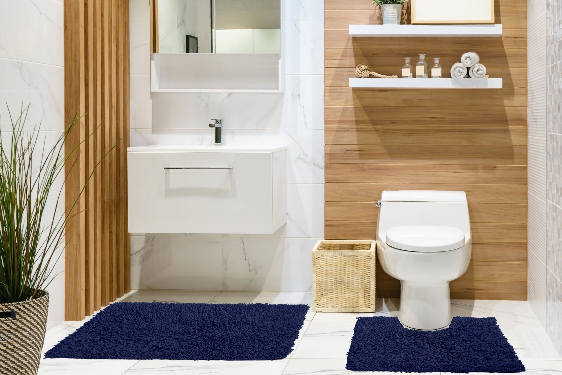 Cotton Loop Twist Bath Mat and Pedestal Set Navy | Kumperi | 2 Piece | 100% Cotton 