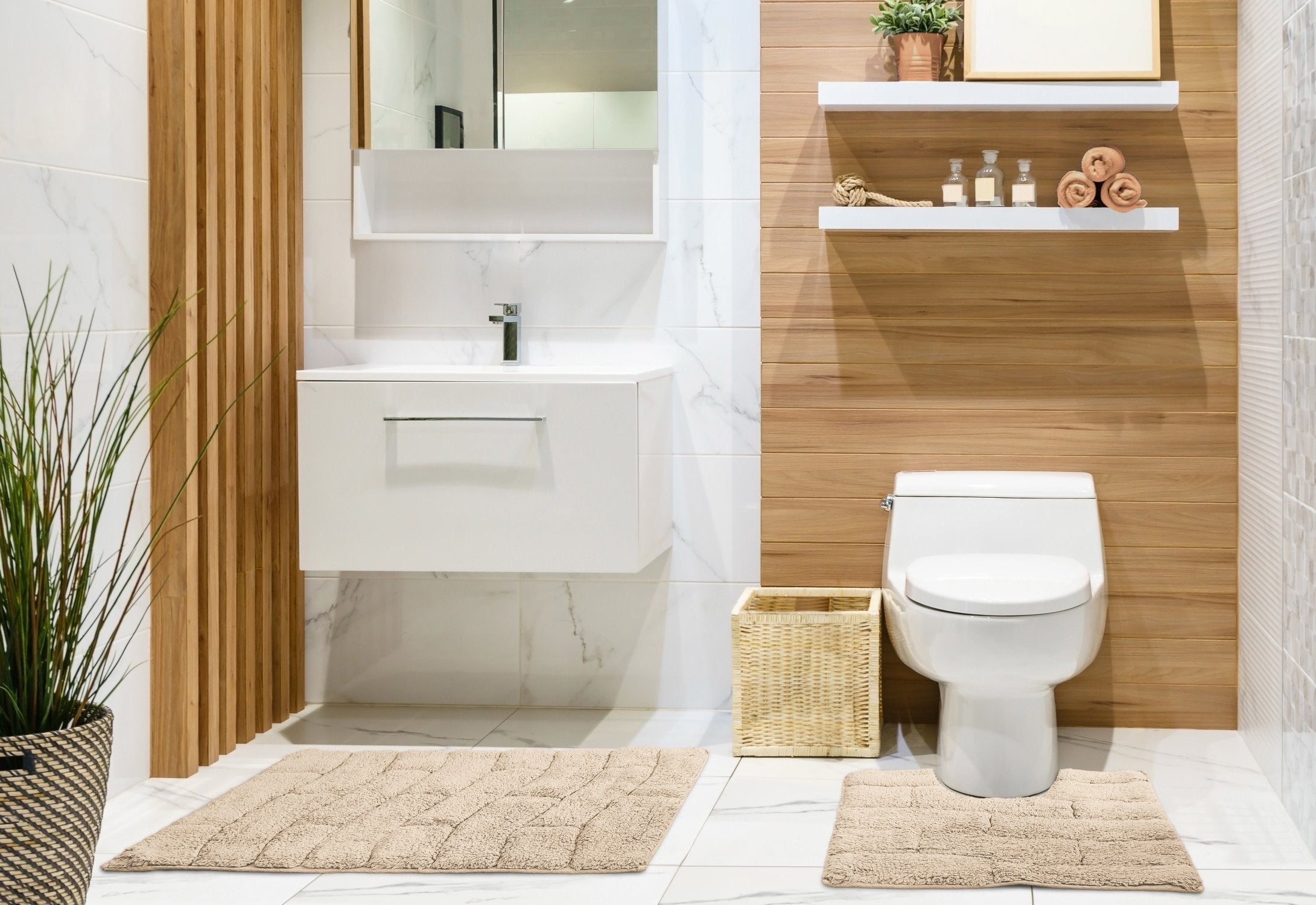 Waves Bath Mat and Pedestal Set Beige | Kumperi | 2 Piece | 100% Cotton 