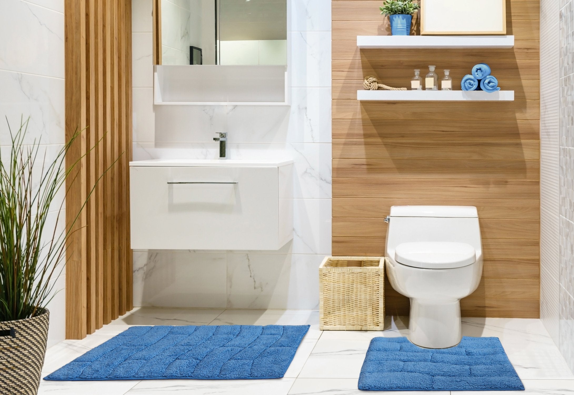 Waves Bath Mat and Pedestal Set Cobalt Blue | Kumperi | 2 Piece | 100% Cotton 