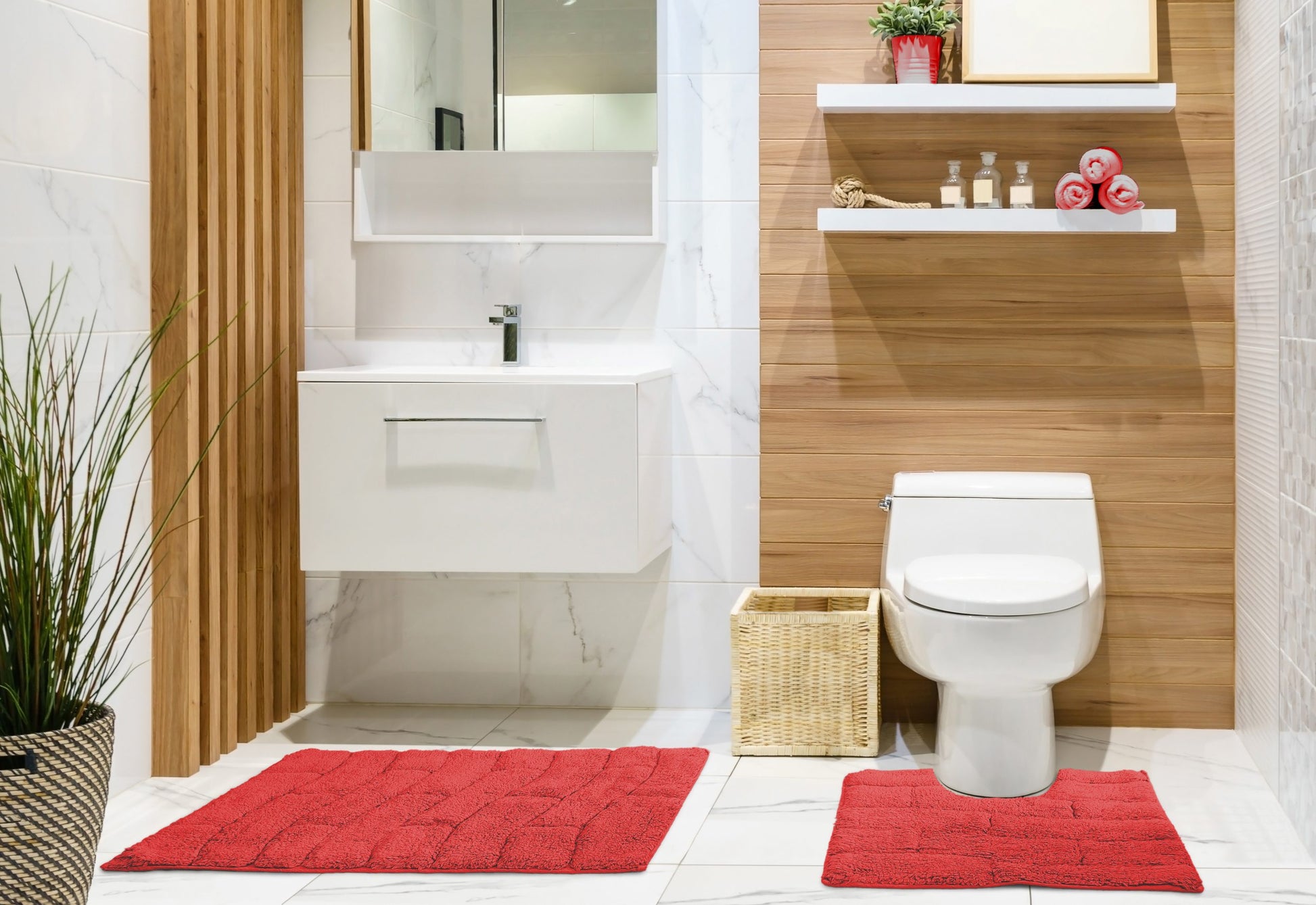 Waves Bath Mat and Pedestal Set Red | Kumperi | 2 Piece | 100% Cotton 