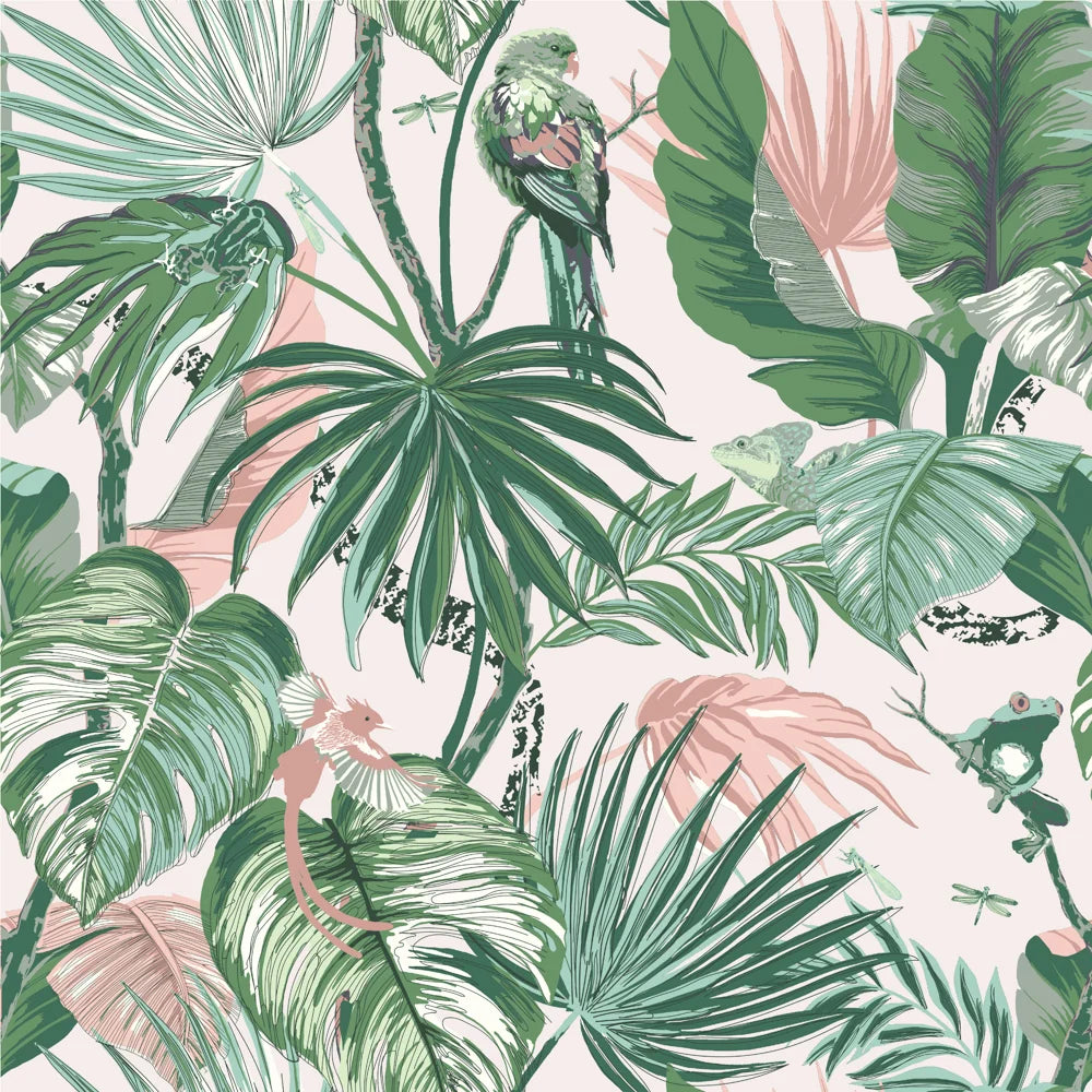 Flat close-up view of the blush side of the reversible print showing a green parakeet, a chameleon, a tree frog, dragonflies and layered palm and banana leaf foliage on a pale pink ground – Kumperi