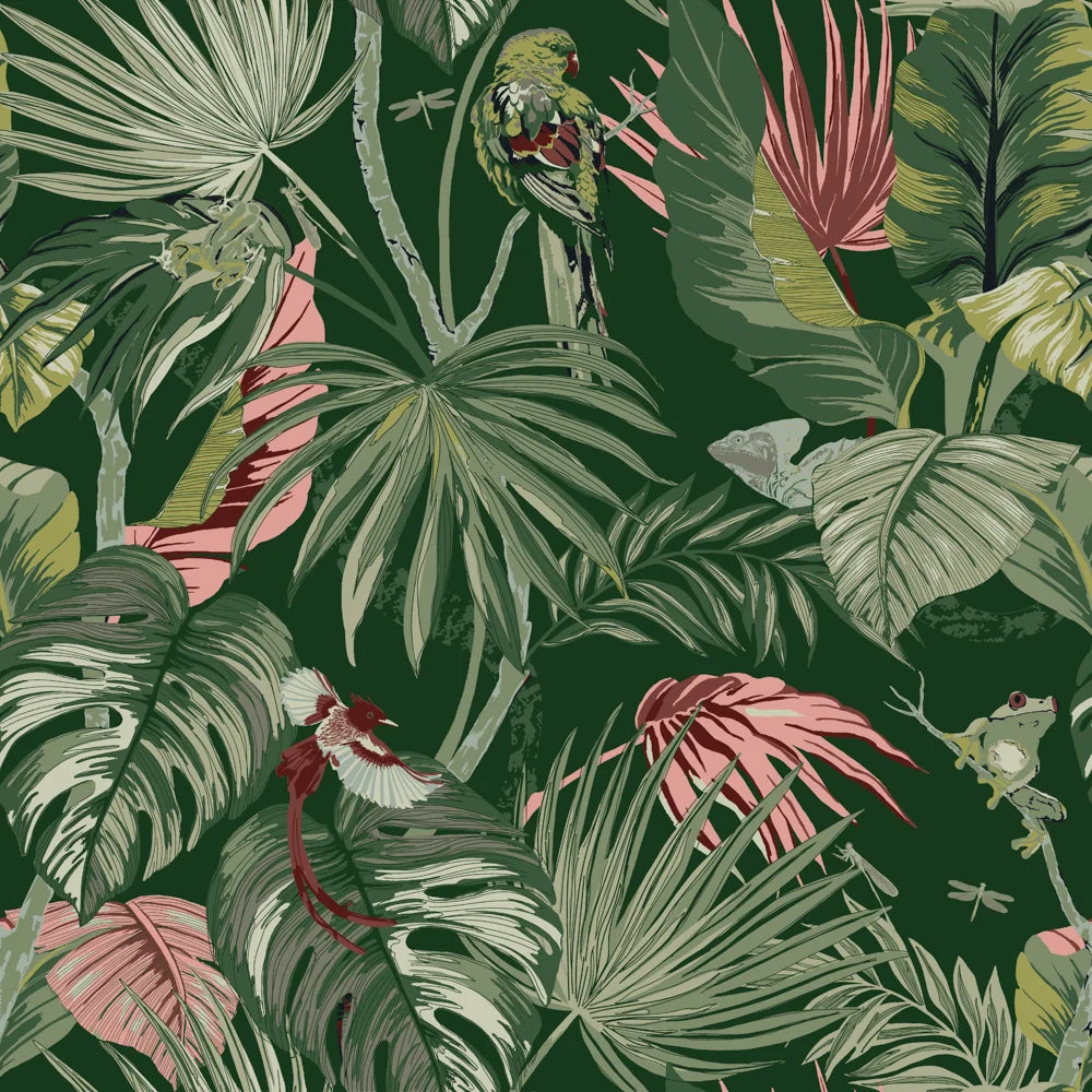 Flat close-up view of the jade green side of the reversible print showing a parakeet, a lizard, a tree frog, a bird of paradise flower, pink blooms, palm fronds and dragonflies among dense foliage – Kumperi