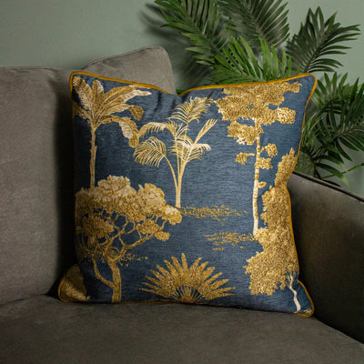 Blue Gold Foil World Trees Cushion