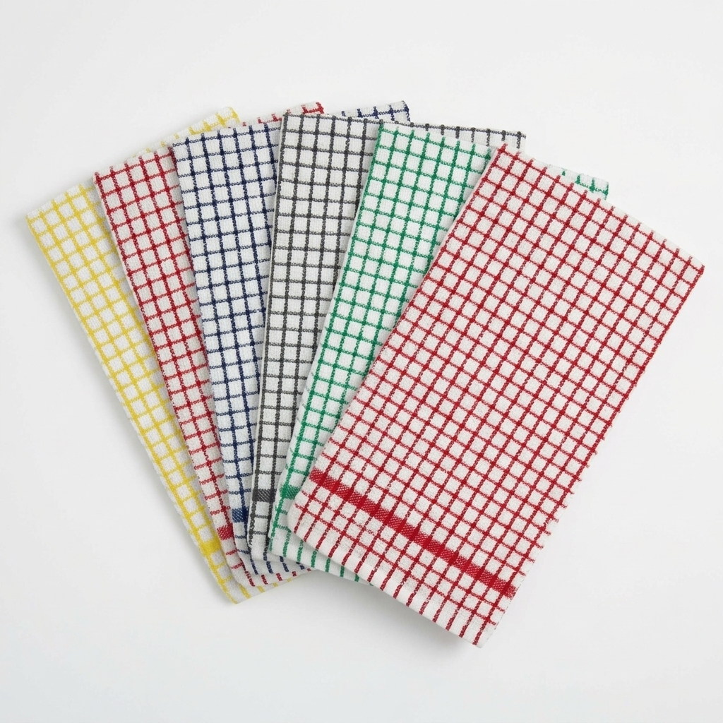 Six assorted 100% cotton terry tea towels fanned out in landscape spread on white background showing complete set in yellow red navy charcoal green and red classic check pattern on white base with coloured border hem stripe Cristotrad by Emma Barclay Cristo