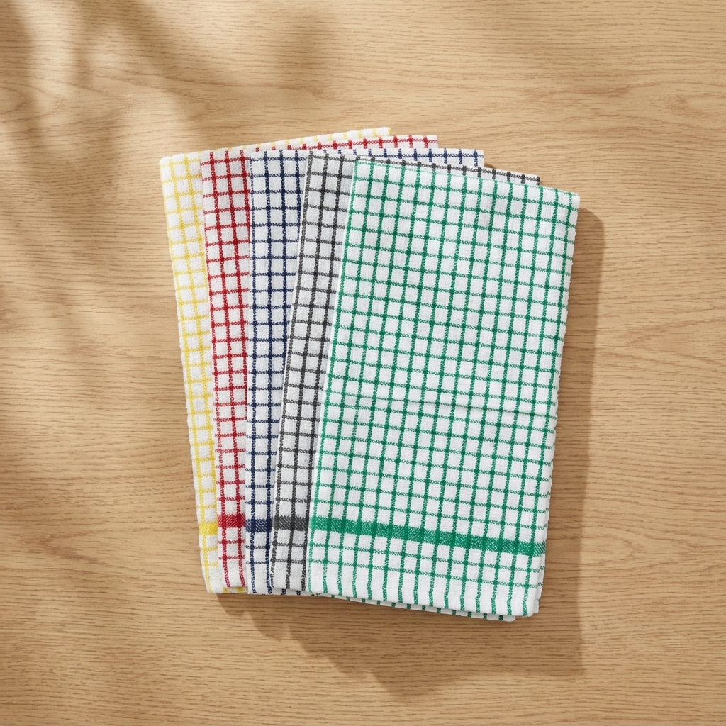 Five assorted check 100% cotton terry tea towels fanned and stacked diagonally on warm oak wood surface showing yellow red navy charcoal and green classic check patterns on white base with natural light and soft shadow Cristotrad by Emma Barclay Cristo