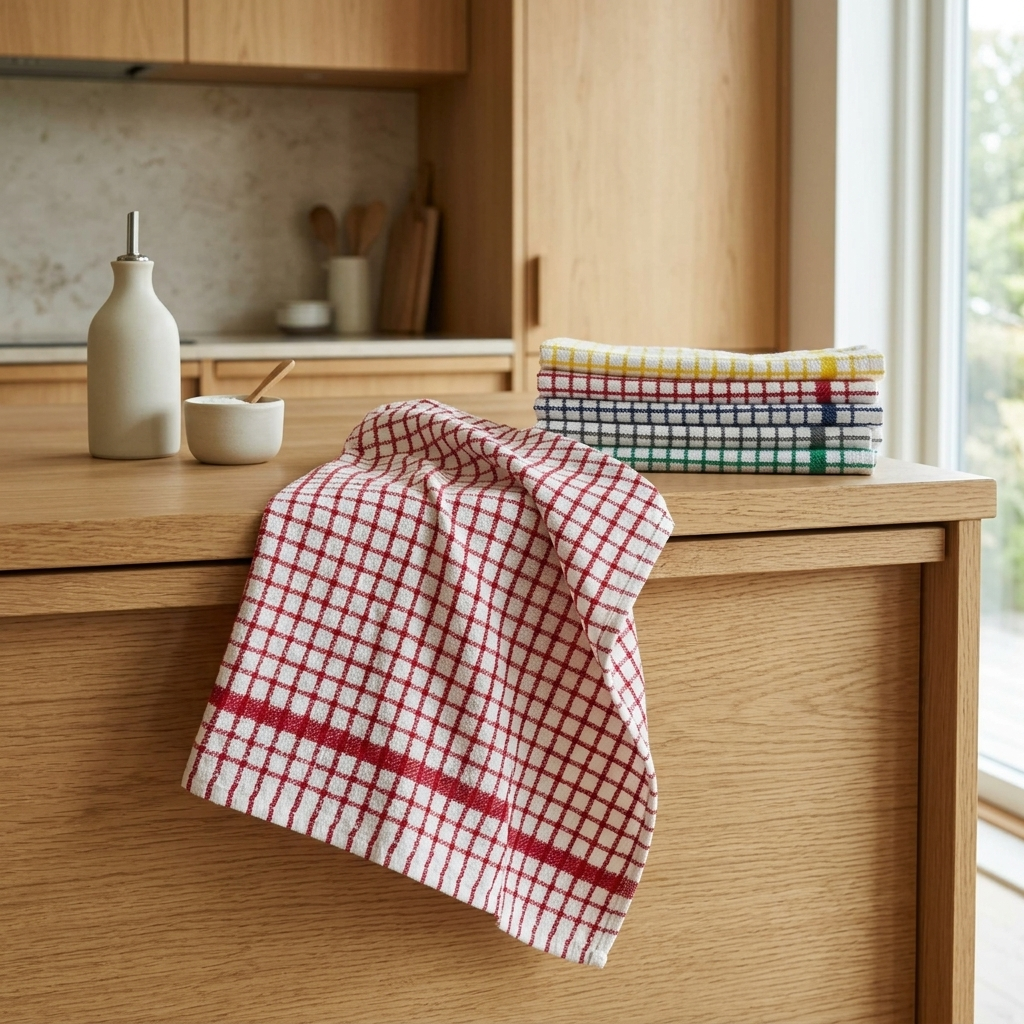Red check 100% cotton terry tea towel draped over edge of light oak kitchen island with folded stack of assorted yellow red navy and green check towels and ceramic oil bottle to the left large window with garden view in background Cristotrad by Emma Barclay Cristo