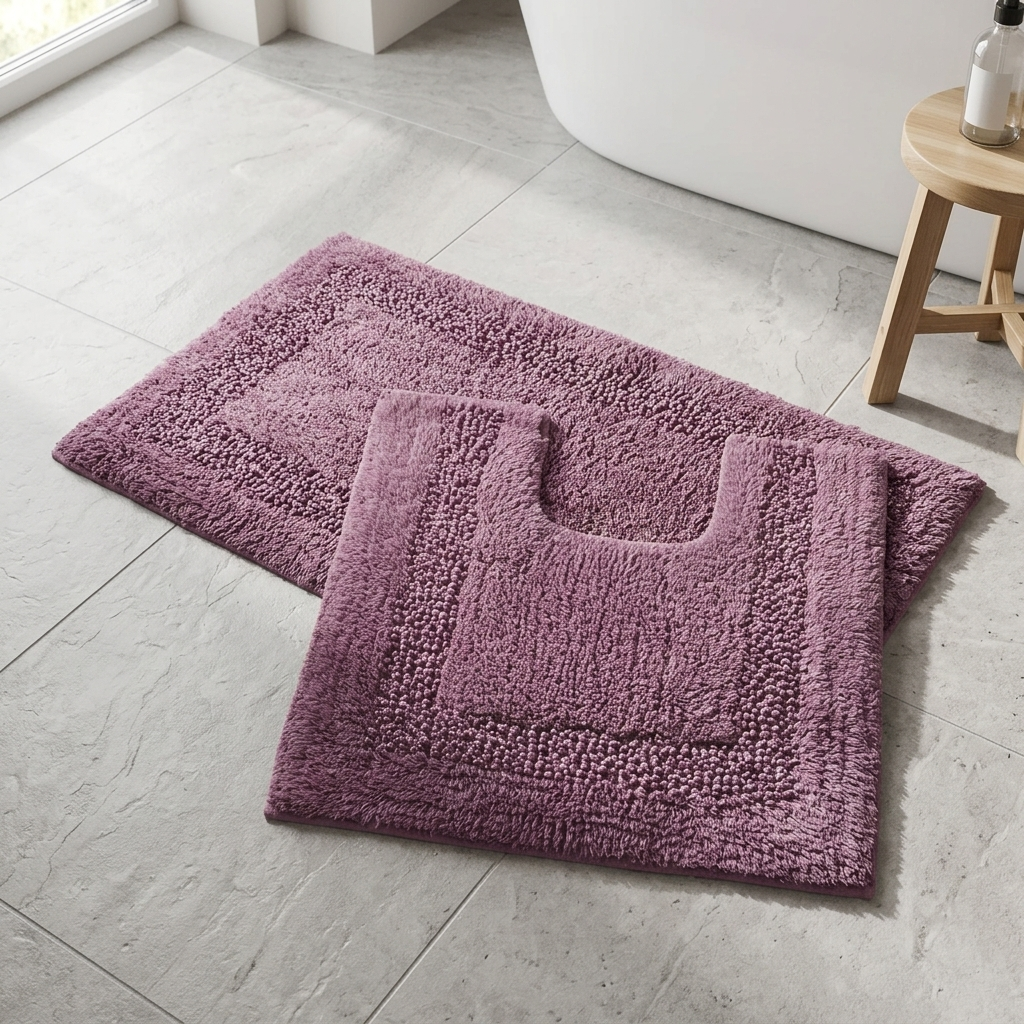Aubergine Brillare cotton bath mat and pedestal mat styled on a light tiled bathroom floor beside a freestanding white bathtub and wooden stool showing silver sparkle border trim 2-piece set Emma Barclay Panache Home