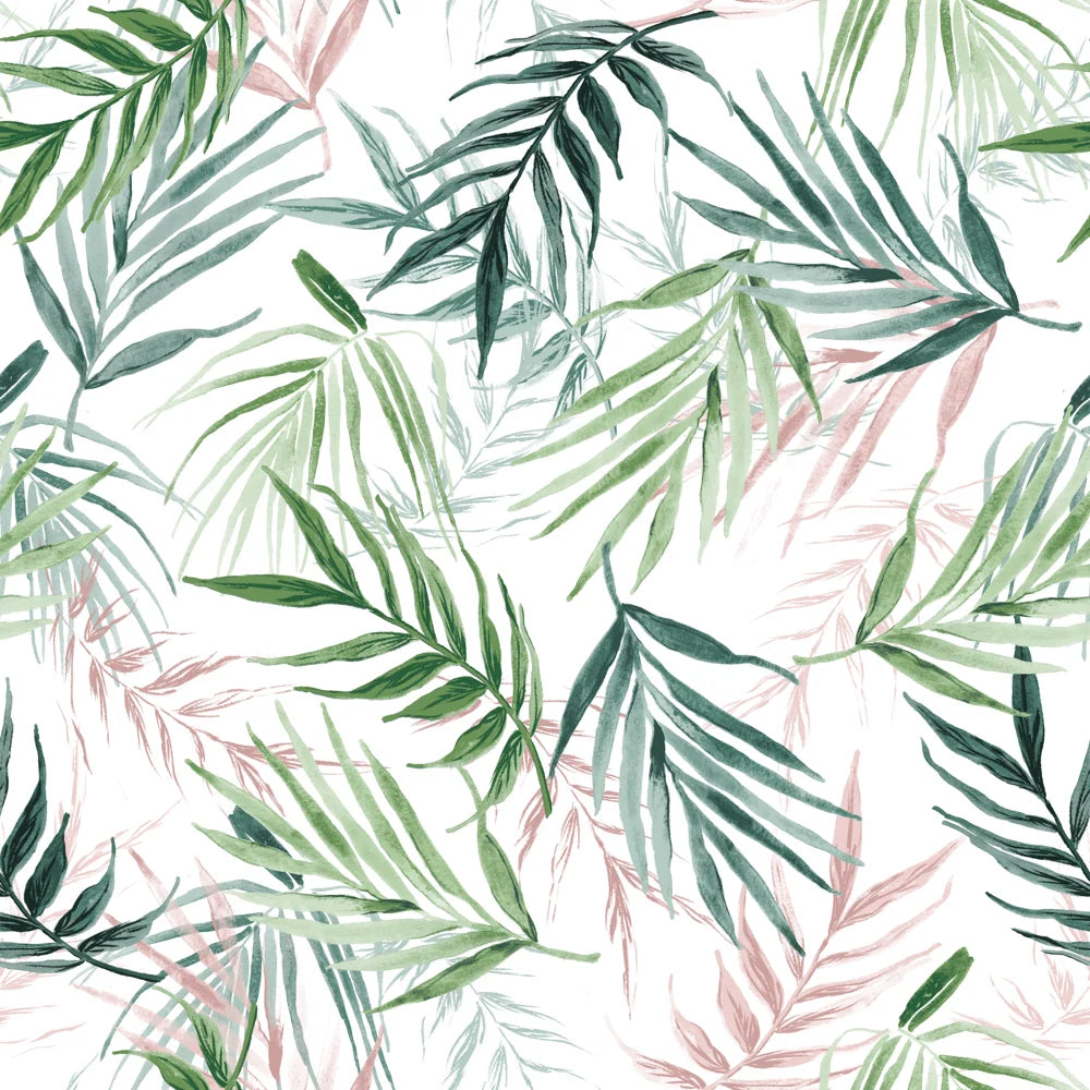 Flat close-up view of the white side of the reversible print showing a dense watercolour pattern of layered palm fronds and leaves in deep green, sage and dusty pink – Kumperi