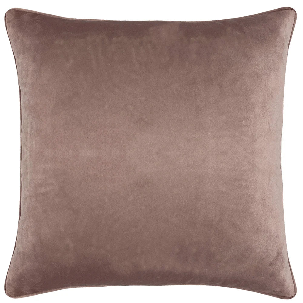 Plain blush soft velvet reverse side of the cushion edged with matching blush piping – Kumperi