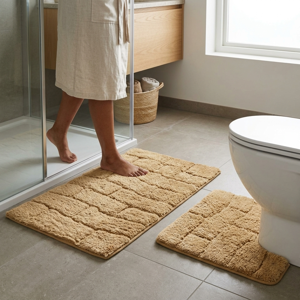 Person in cream linen robe stepping barefoot from walk-in glass shower onto beige cotton wave block texture bath mat with pedestal mat placed beside toilet to the right oak floating vanity unit and wicker laundry basket in background 2-piece set Emma Barclay Waves design