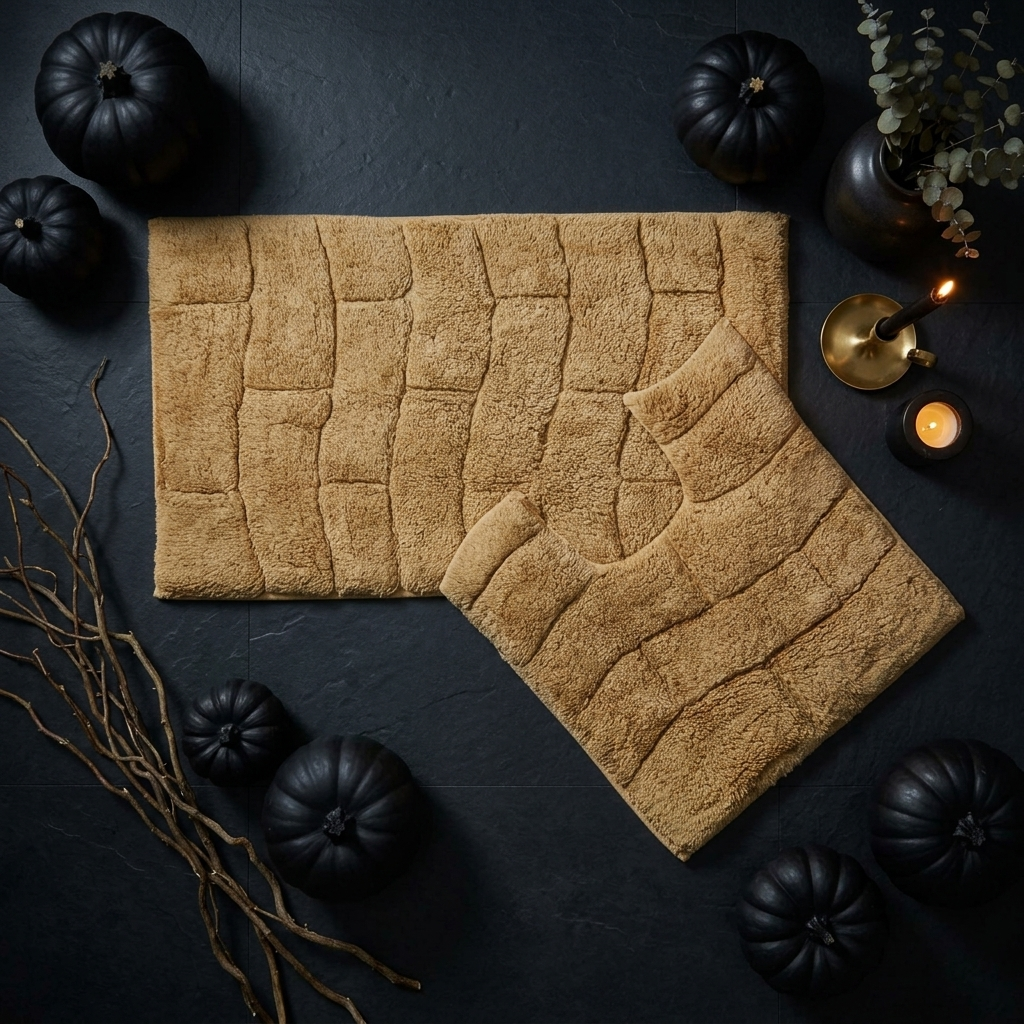Beige cotton wave block texture bath mat and pedestal mat fanned on dark black slate surface surrounded by black pumpkins dried twig branches black ceramic vase with eucalyptus sprigs lit brass taper candle holder and amber tea light moody editorial styling 2-piece set Emma Barclay Waves design