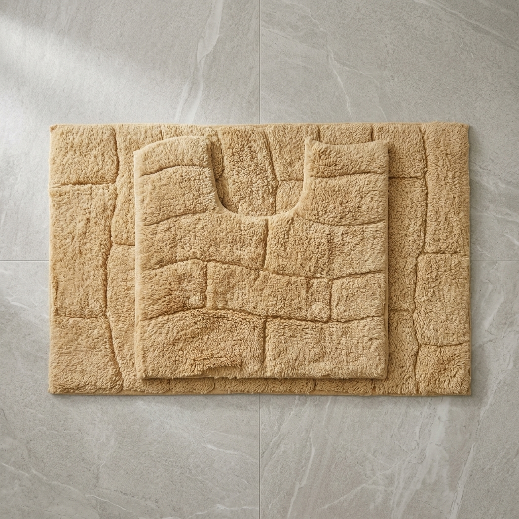 Beige cotton wave block texture bath mat with pedestal mat centred on top overhead flat lay on large format grey stone floor tile clearly showing raised block grid pattern and toilet U-shaped cut-out 2-piece set bath mat 50x80cm pedestal mat 50x50cm Emma Barclay Waves design