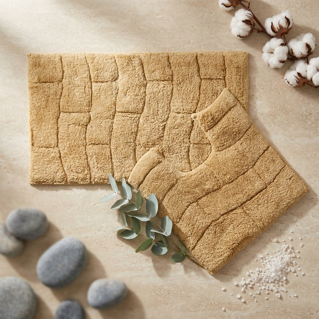 Beige 100% cotton wave block texture bath mat and pedestal mat overlapping at angle on warm travertine stone surface with cotton boll stems top right eucalyptus sprig grey smooth pebbles and white rock salt crystals showing raised block texture pattern 2-piece set Emma Barclay Waves design