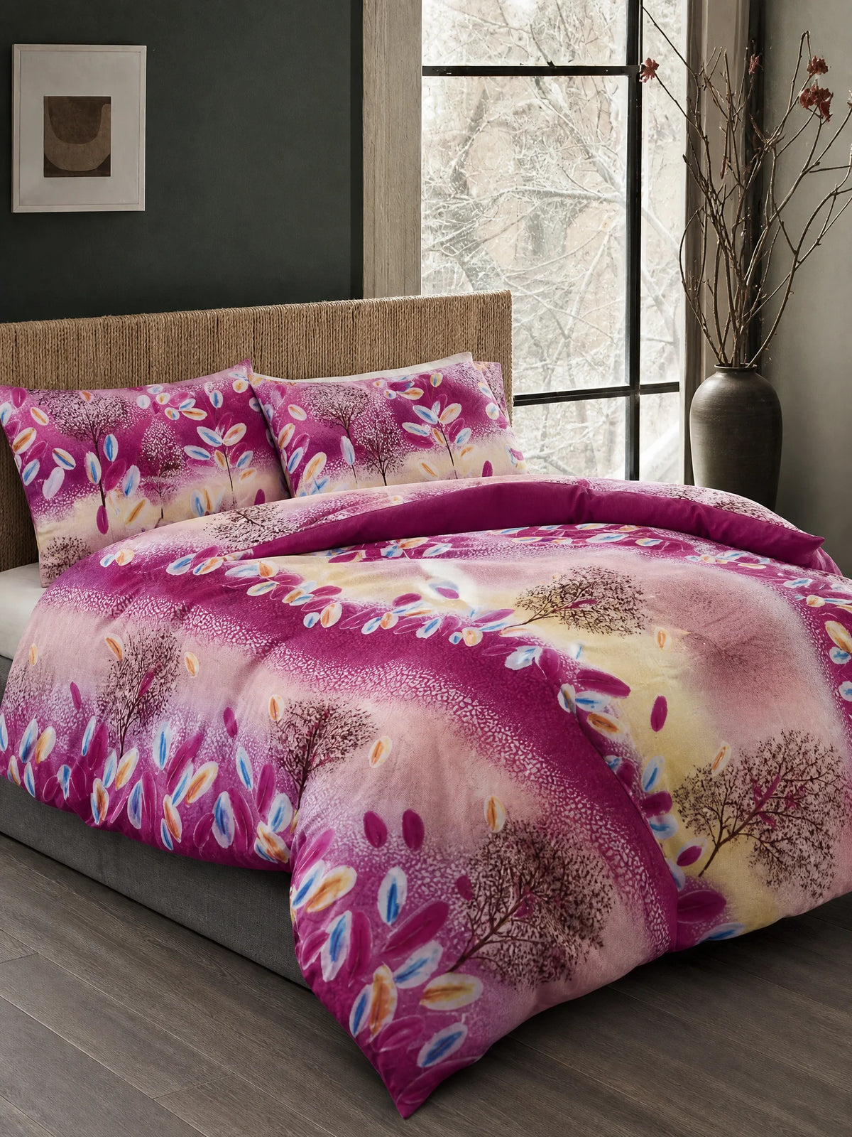 Berry purple and pink large-scale floral leaf and tree print king duvet cover set with blue orange yellow and white petals 220x230cm Egyptian Cotton Touch microfibre with 2 pillowcases Cotton King Cool and Crisp collection