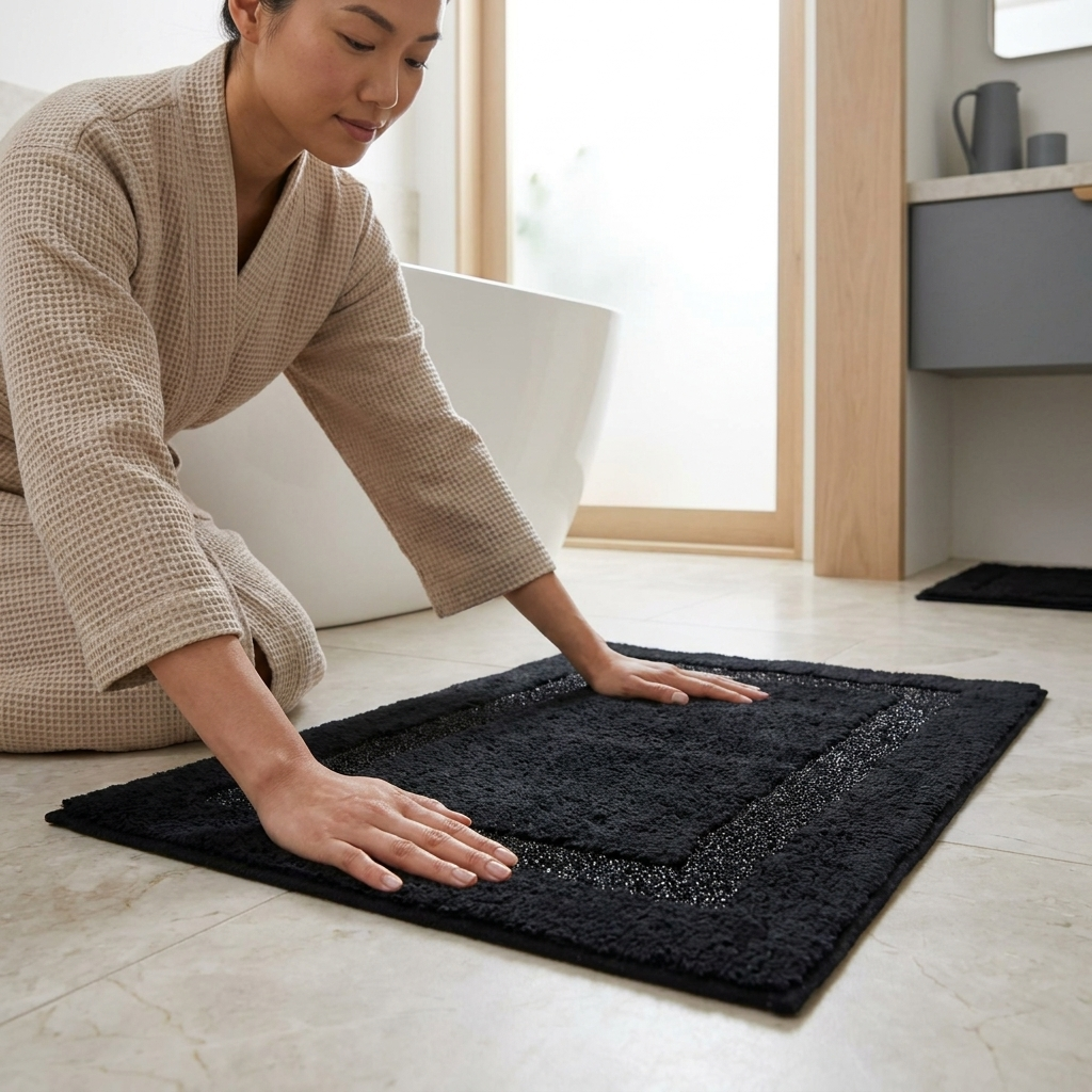 Woman in beige waffle robe kneeling to arrange black Brillare cotton bath mat on a tiled bathroom floor beside a freestanding tub showing silver sparkle border trim Emma Barclay Panache Home