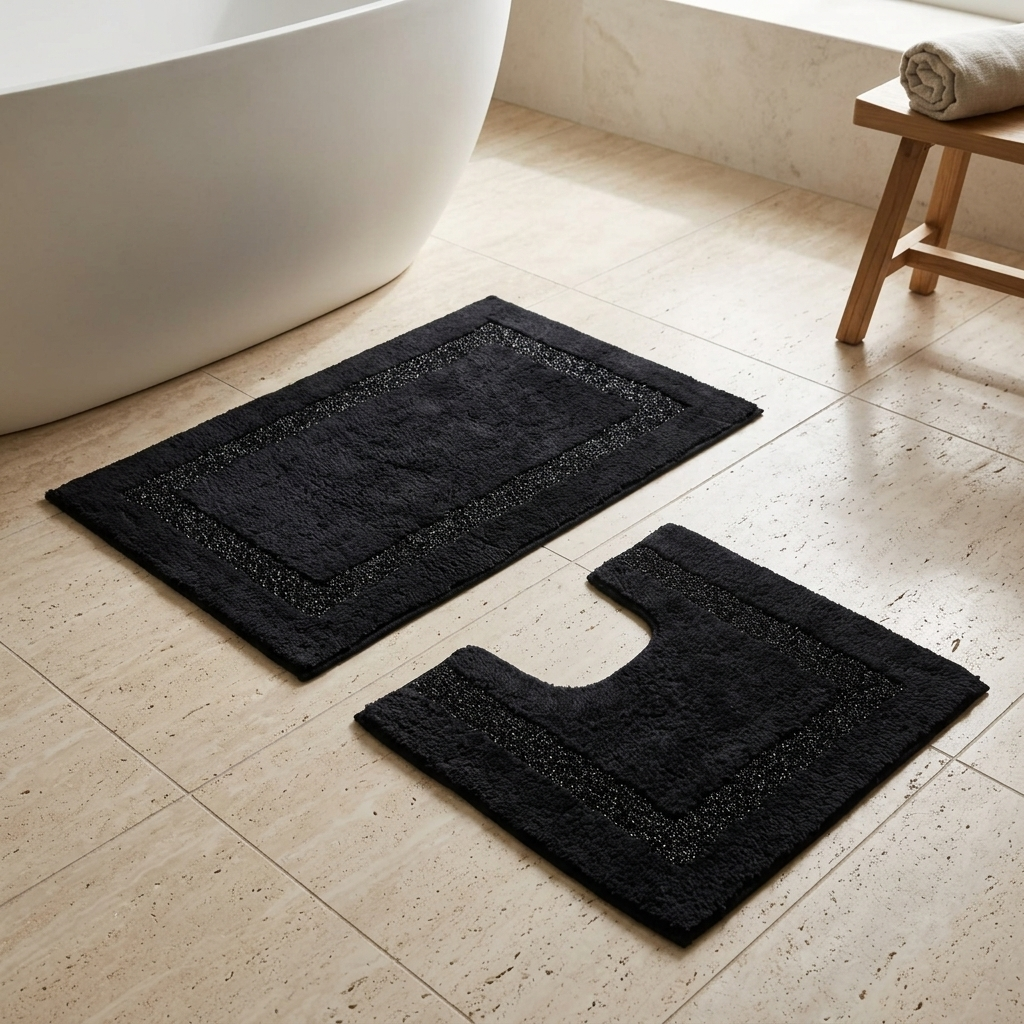 Black Brillare cotton bath mat and pedestal mat styled on a stone tiled bathroom floor beside a freestanding white bathtub and wooden stool with towel showing silver sparkle border trim 2-piece set Emma Barclay Panache Home