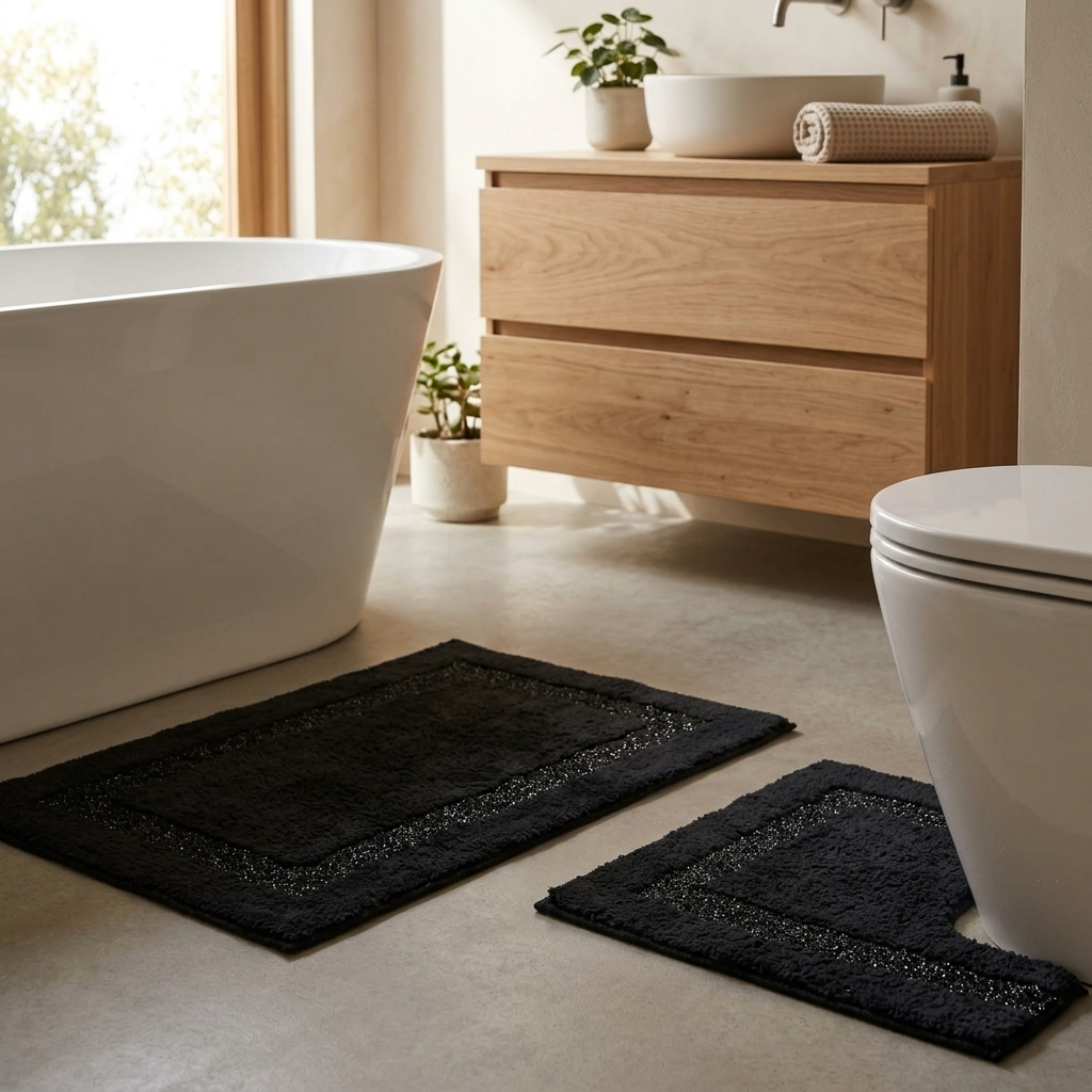 Black Brillare cotton bath mat and pedestal mat styled on a concrete-effect bathroom floor beside a freestanding bathtub, wooden vanity and toilet showing silver sparkle border trim 2-piece set Emma Barclay Panache Home