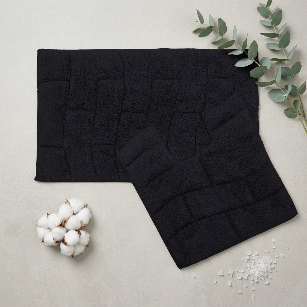Black 100% cotton wave block texture bath mat and pedestal mat overlapping at angle on warm grey concrete with fresh eucalyptus sprig white cotton bolls and white rock salt crystals showing raised block texture pattern 2-piece set Emma Barclay Waves design