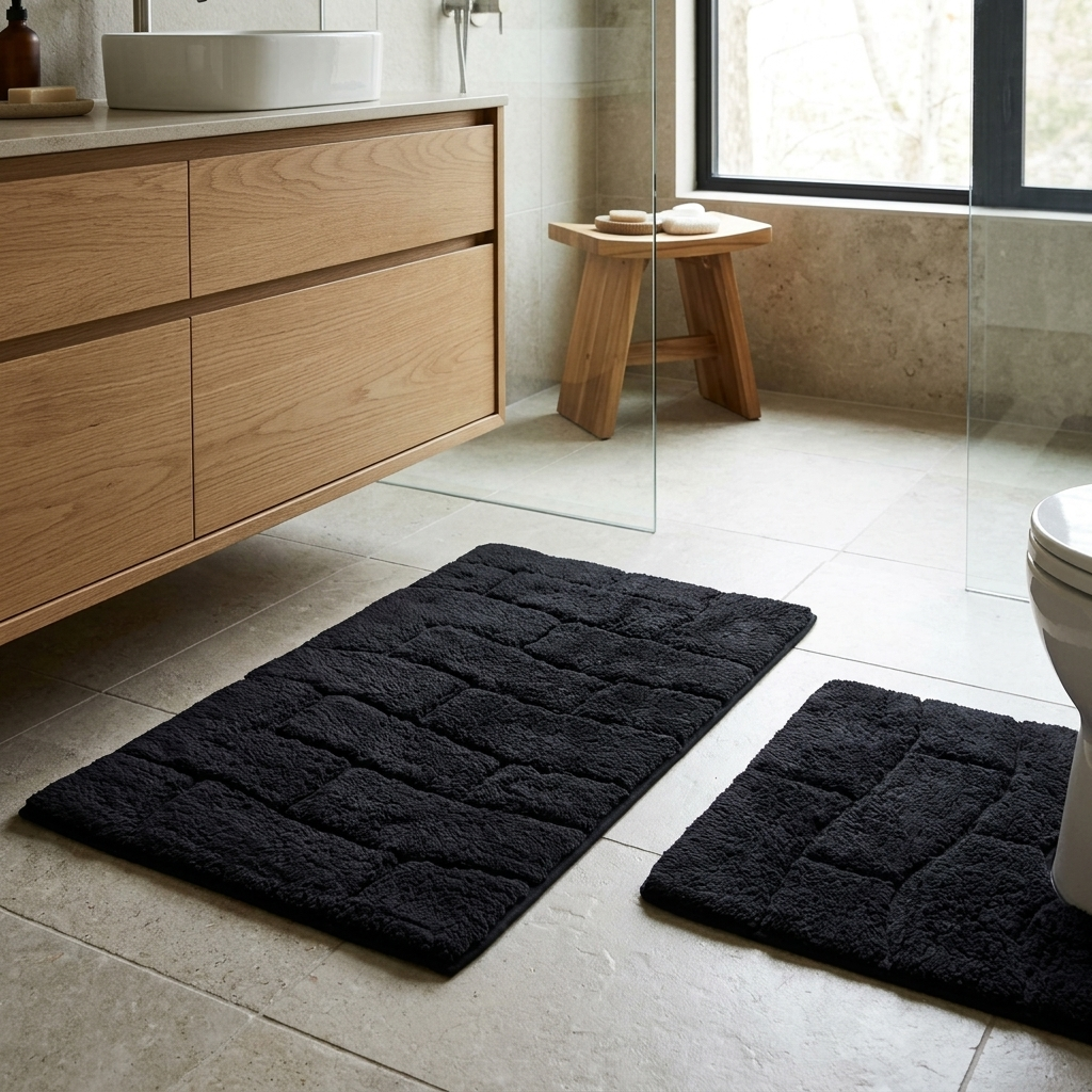 Black cotton wave block texture bath mat and pedestal mat laid on light travertine stone tile floor in modern bathroom with floating oak vanity unit white ceramic basin walk-in glass shower and wooden stool 2-piece set Emma Barclay Waves design