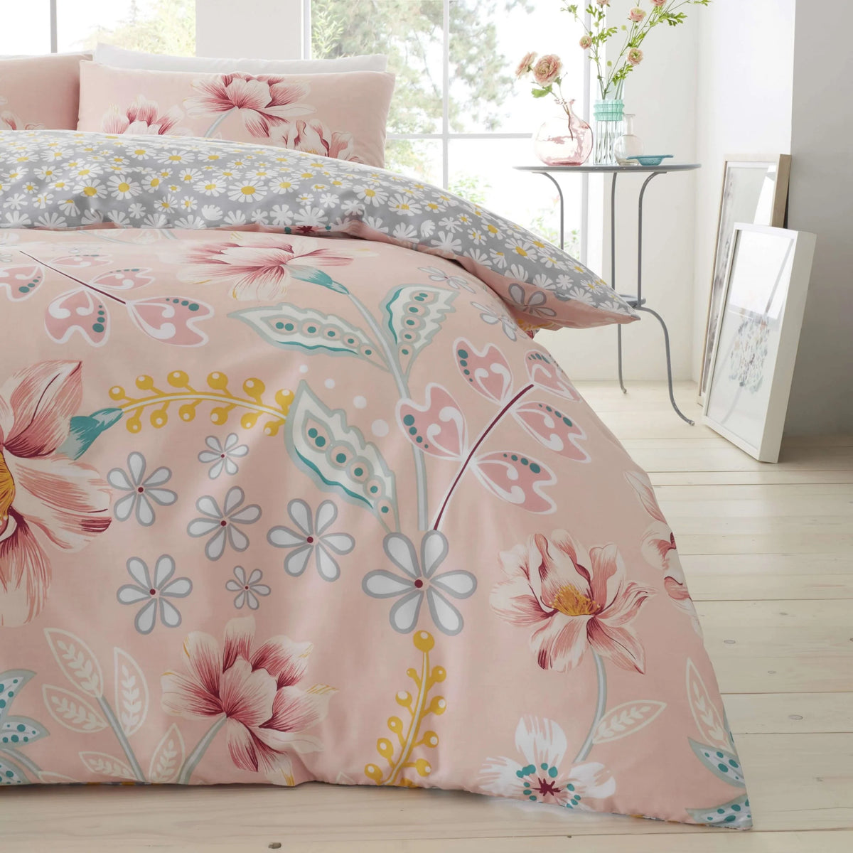 Blush pink paisley floral king duvet cover flat lay
